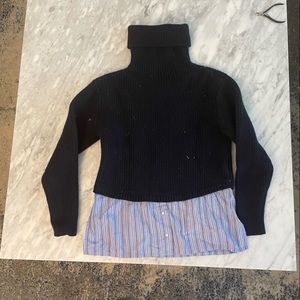 Sandro Woman Layered poplin And Ribbed Wool-blend Turtleneck Sweater Navy